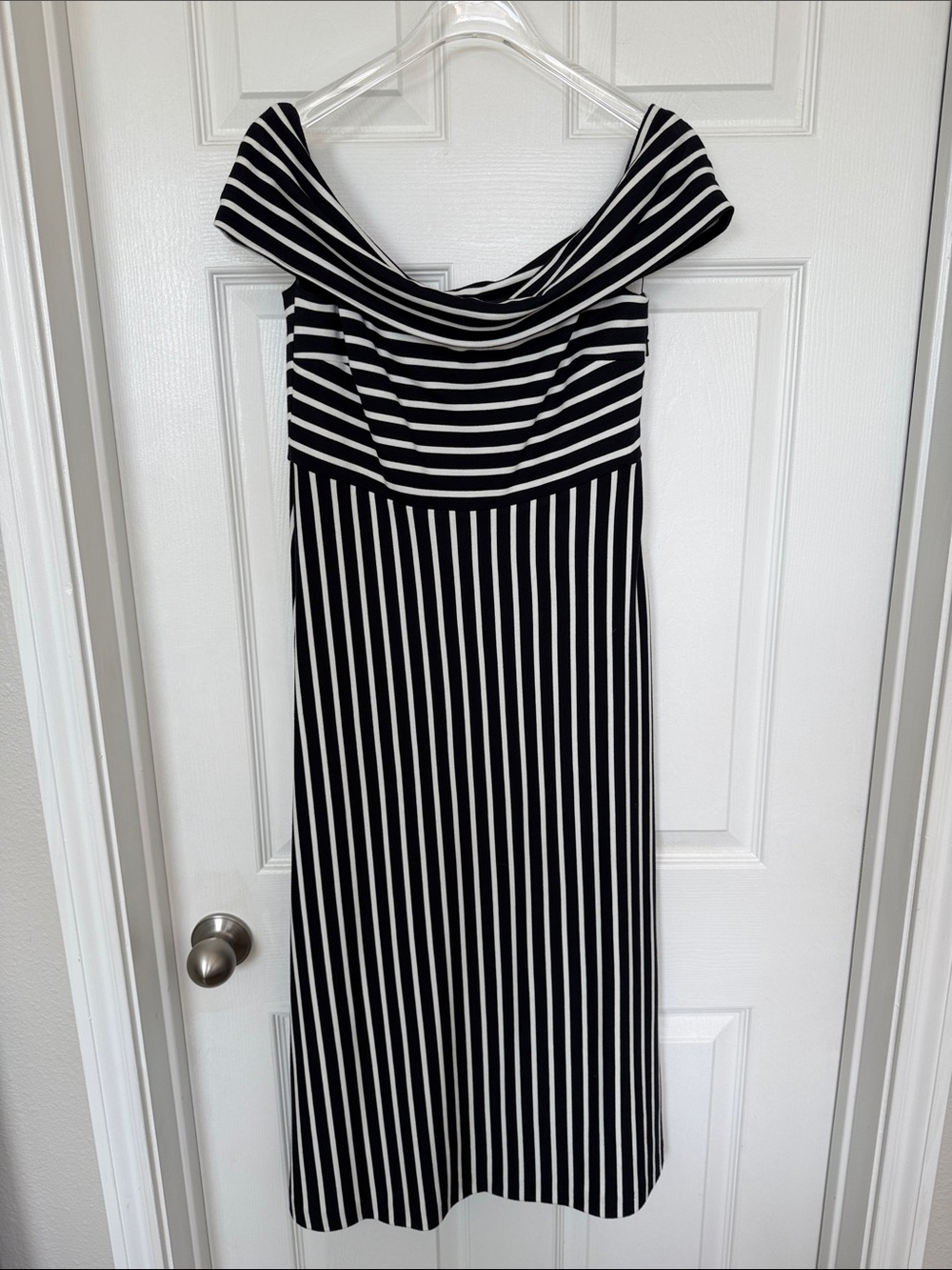 NWT Banana Republic black, and white striped knit off the shoulder dress